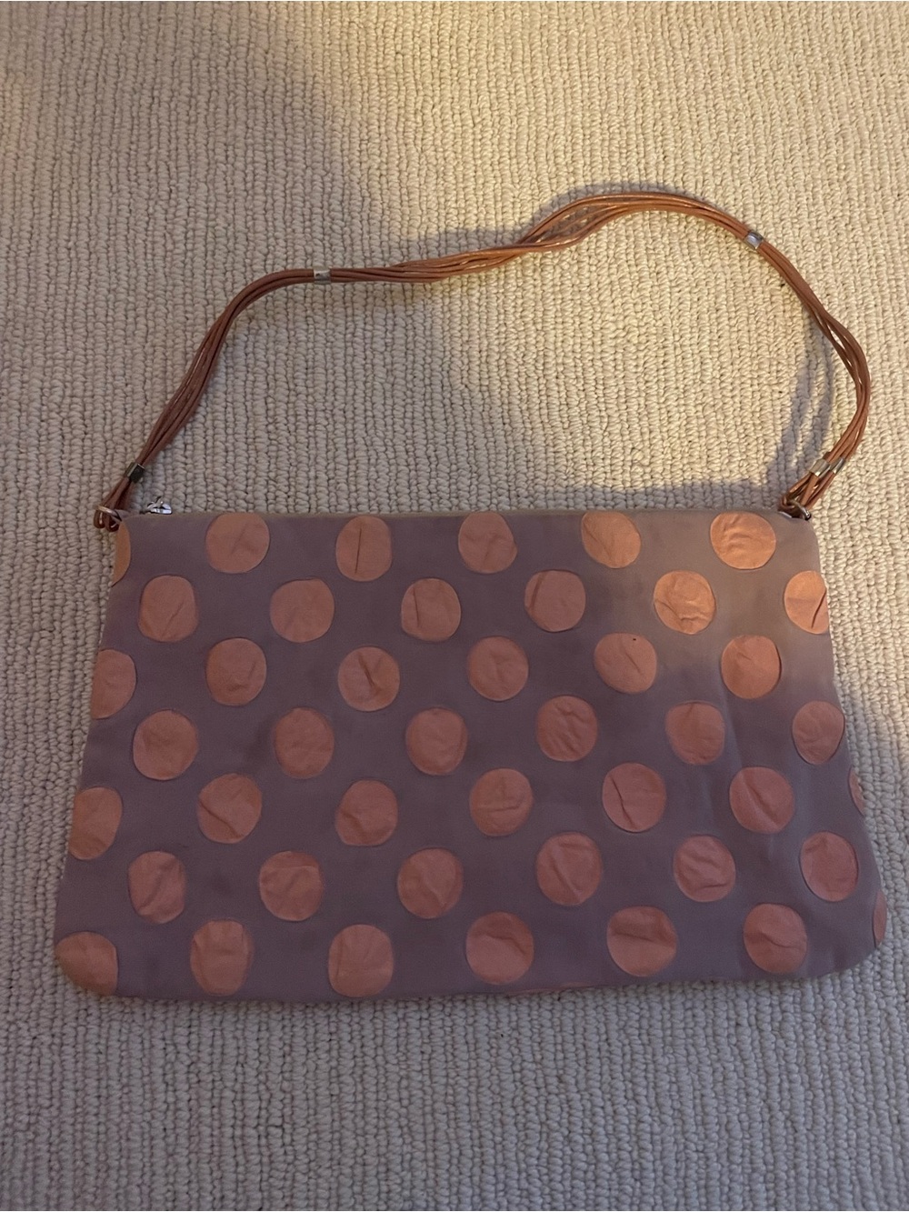 Vintage Taupe Shoulder Bag with Copper Polka Dots c43